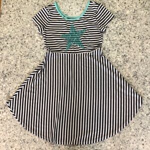 Striped Black and White Kids Dress with Teal Star